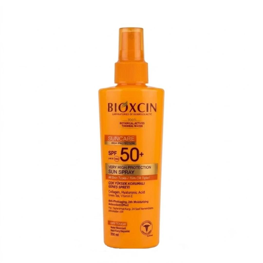 اسپری ضد آفتاب بی رنگ بیوکسین 50 SPF مدل High protection محافظ UVA/UV مناسب برای انواع پوست حجم 200ml