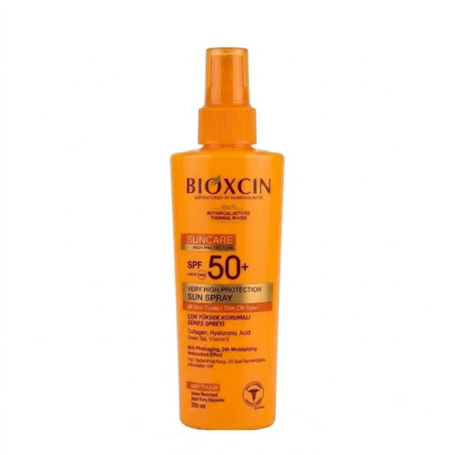 اسپری ضد آفتاب بی رنگ بیوکسین 50 SPF مدل High protection محافظ UVA/UV مناسب برای انواع پوست حجم 200ml