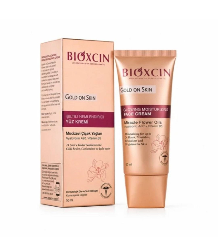 کرم درخشان کننده صورت بیوکسین Gold On Skin حاوی هیالورونیک اسید حجم 50 میل اورجینال | آبرسان، شفاف کننده و افزایش درخشندگی صورت